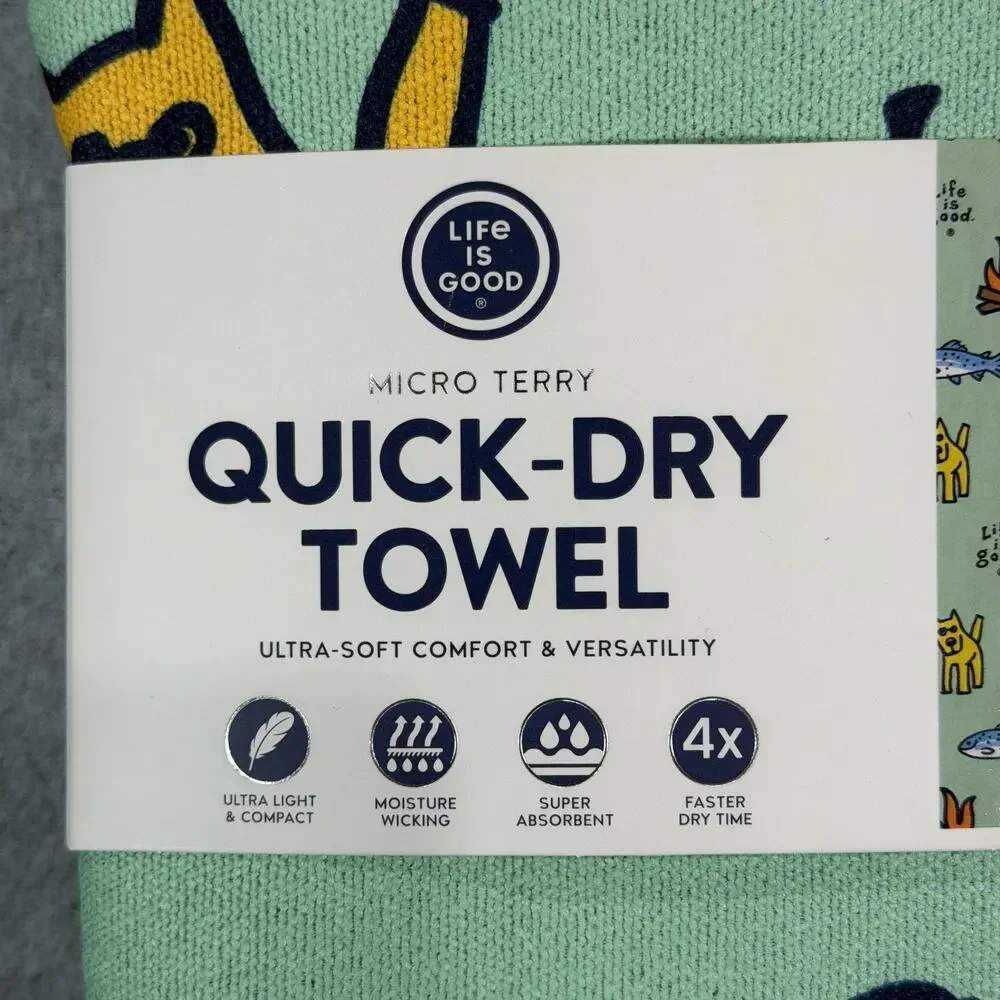Life is Good Quick Dry Towel Micro Terry Beach Camp Travel Fish 72x30 Green NWT